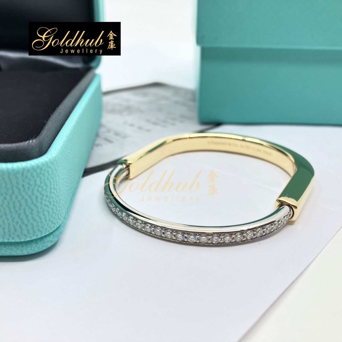 Tiffany Lock Bangle with Half Pave Diamonds in Yellow and White Gold, Size Small