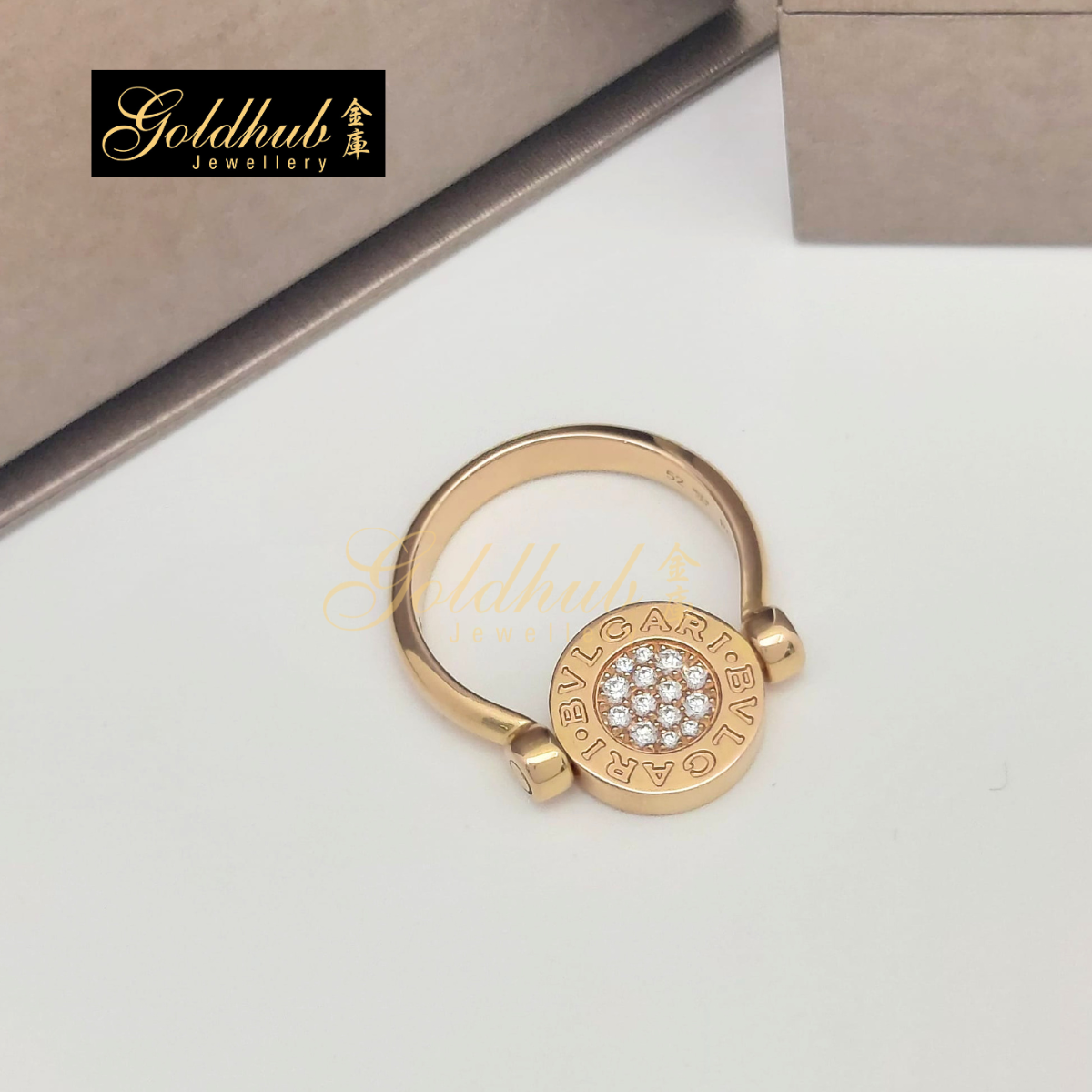 Bulgari Bulgari Classic Flip Ring with Mother-of-Pearl and Pave Diamonds in Rose Gold, Size 52