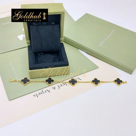 Van Cleef & Arpels Vintage Alhambra 5-Motif Bracelet, Onyx in Yellow Gold