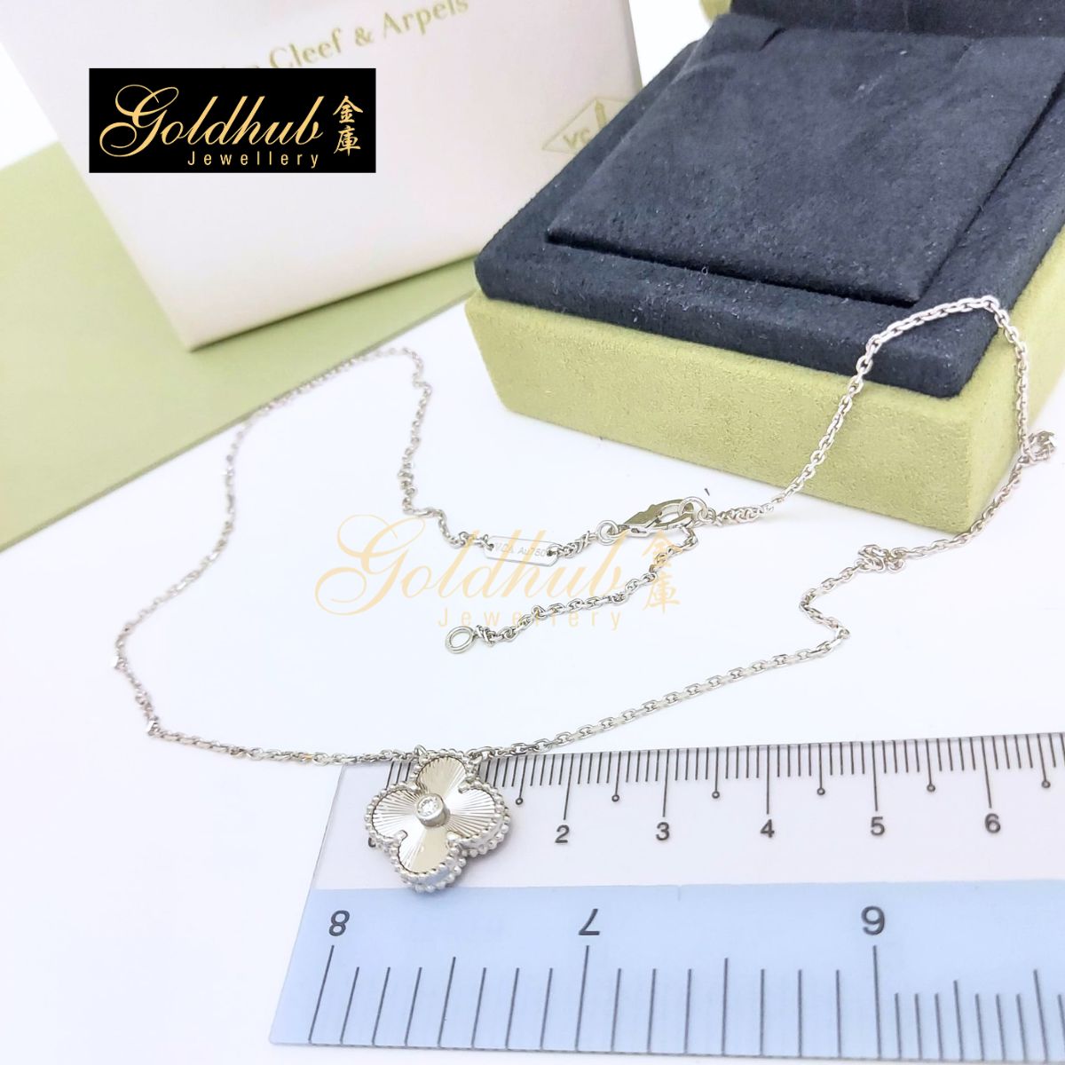 Van Cleef & Arpels 2020 Holiday Vintage Alhambra Pendant, Guilloche Diamond in White Gold