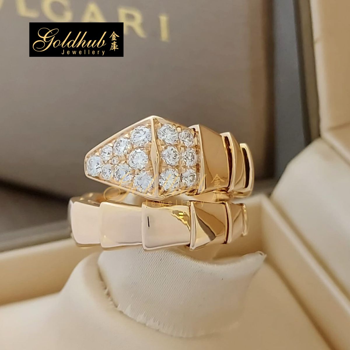 Bvlgari Serpenti Viper One-coil Ring Set with Pave Diamonds on the head in Rose Gold, Size M