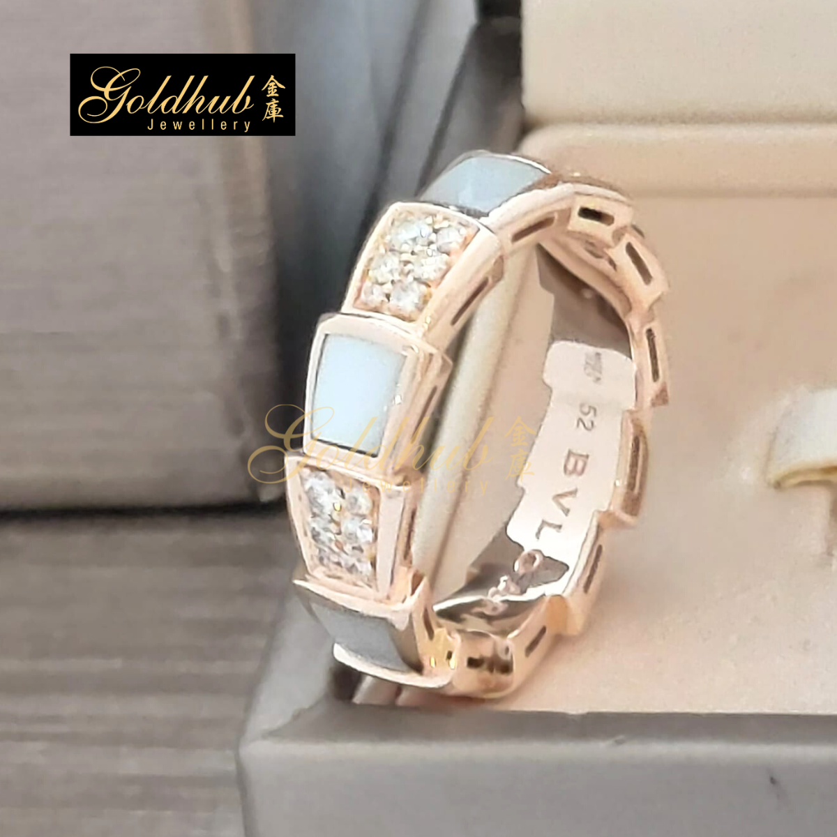 Bvlgari Serpenti Viper Ring with Pave Diamonds & Mother-Of-Pearl in Rose Gold, Size 52