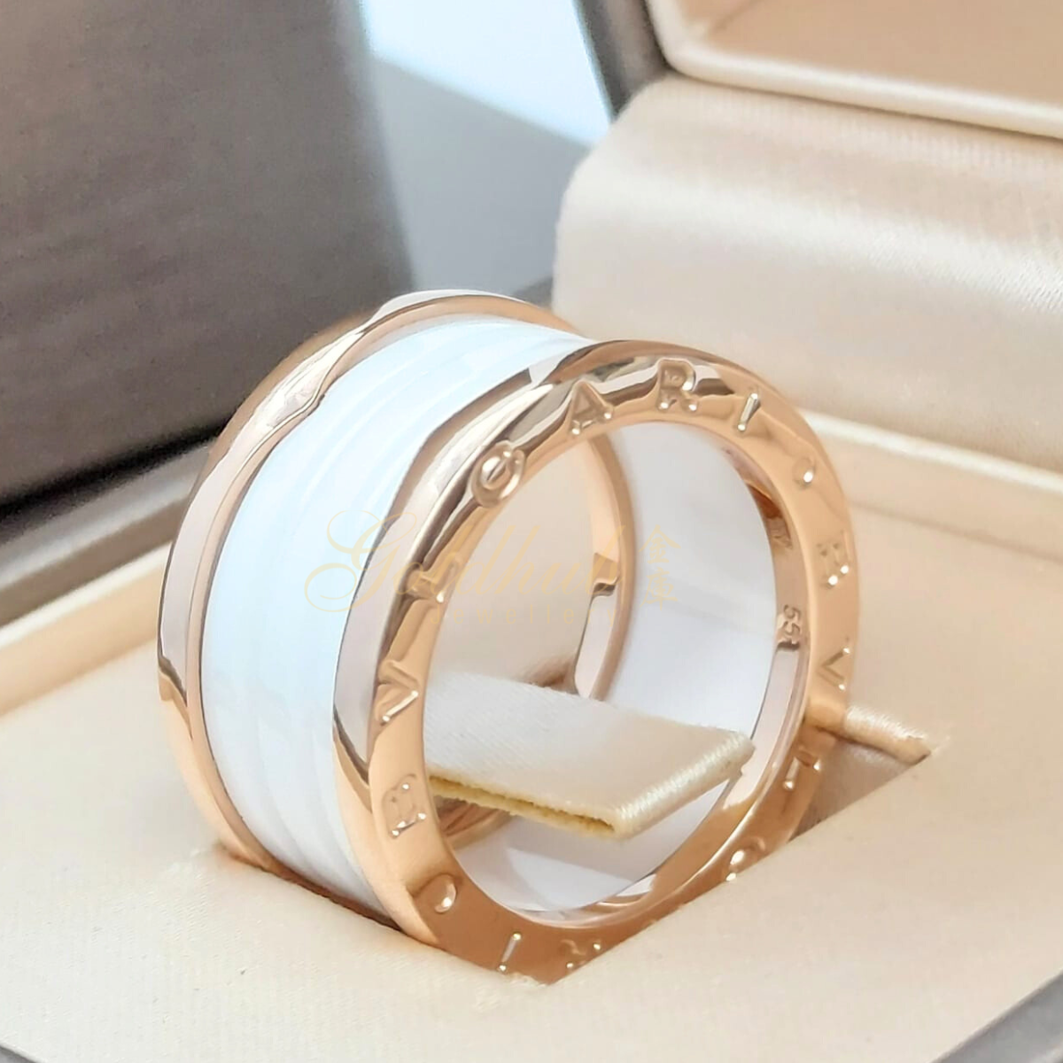 Bvlgari B.zero1 White Ceramic 4 Band Ring in Rose Gold, Size 55