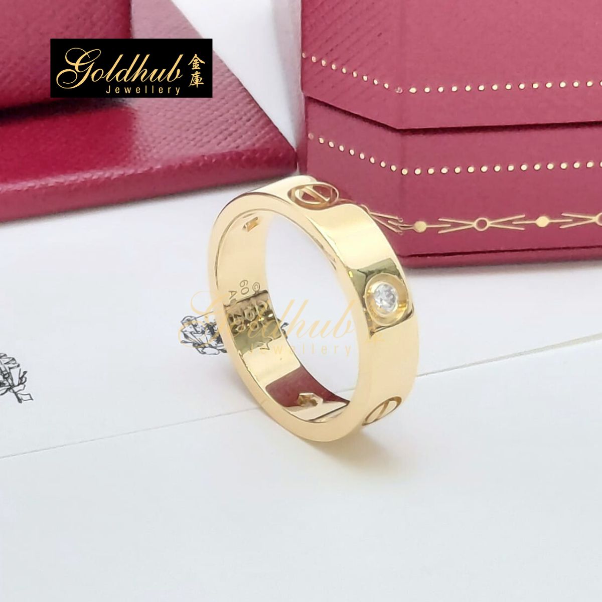 Cartier Love Ring, Classic Model, 3 Diamonds in Yellow Gold, Size 60