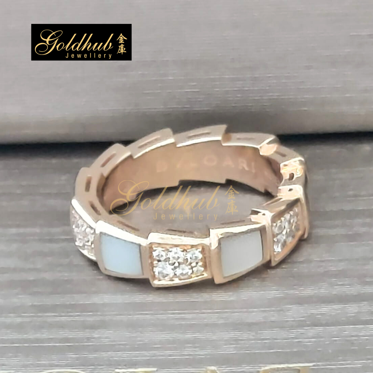 Bvlgari Serpenti Viper Ring with Pave Diamonds & Mother-Of-Pearl in Rose Gold, Size 52
