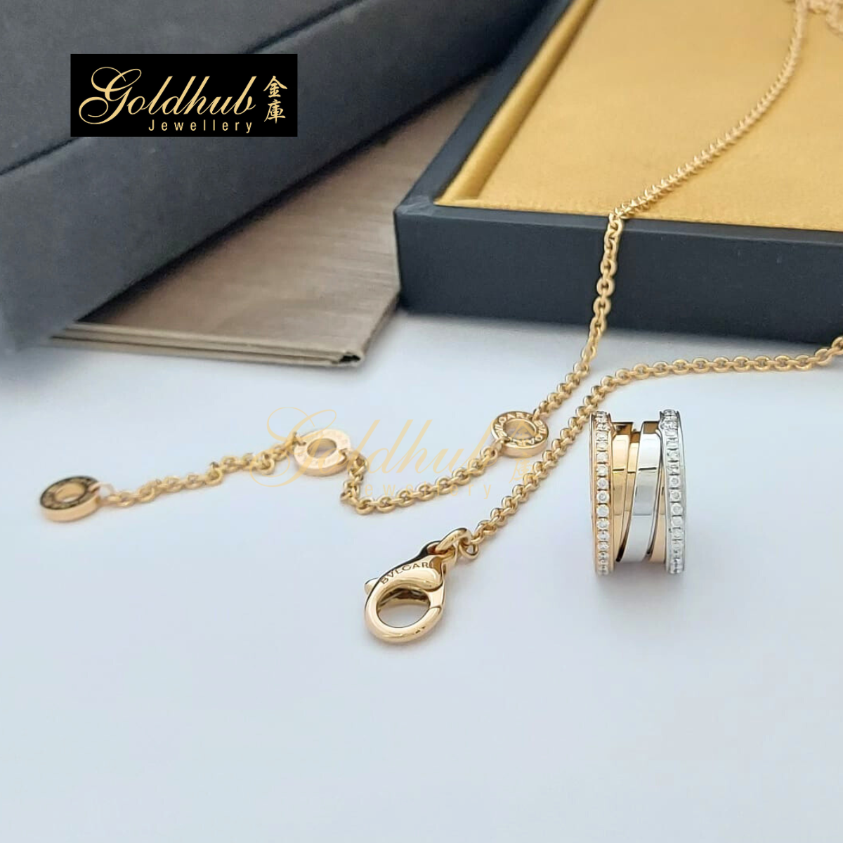 Bvlgari B.zero1 Necklace with pave diamonds on the edges in Rose and White Gold