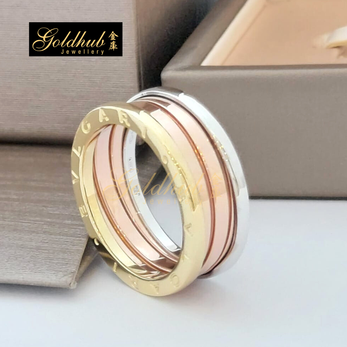 Bvlgari B.zero1 3 Band Ring in Yellow, Rose and White Gold, Size 62