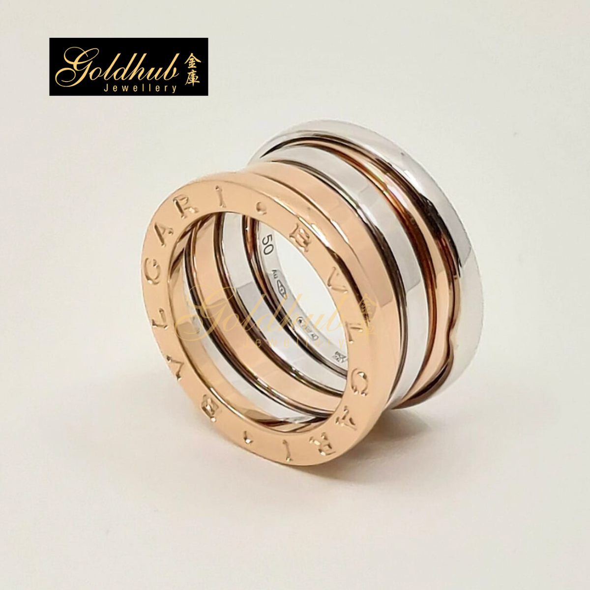 Bvlgari B.zero1 4 Band Ring in White and Rose Gold, Size 50