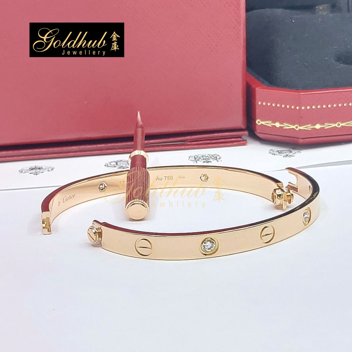 Cartier Love Bracelet, Classic Model, 4 Diamonds in Rose Gold, Size 17
