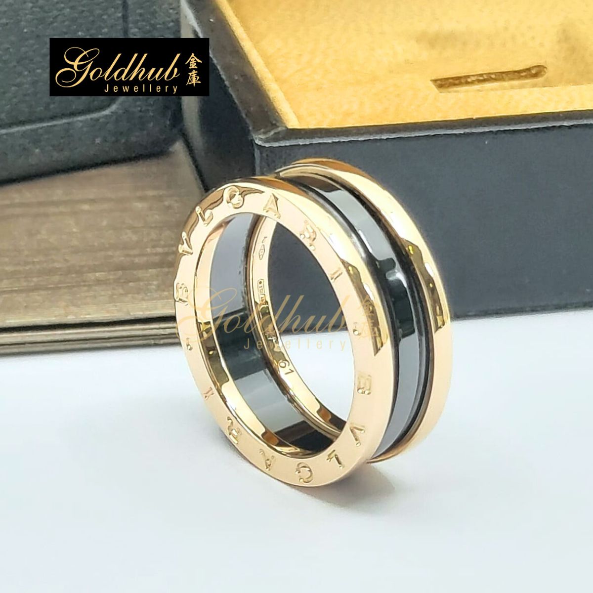Bvlgari B.zero1 Black Ceramic 2 Band Ring in Rose Gold, Size 61