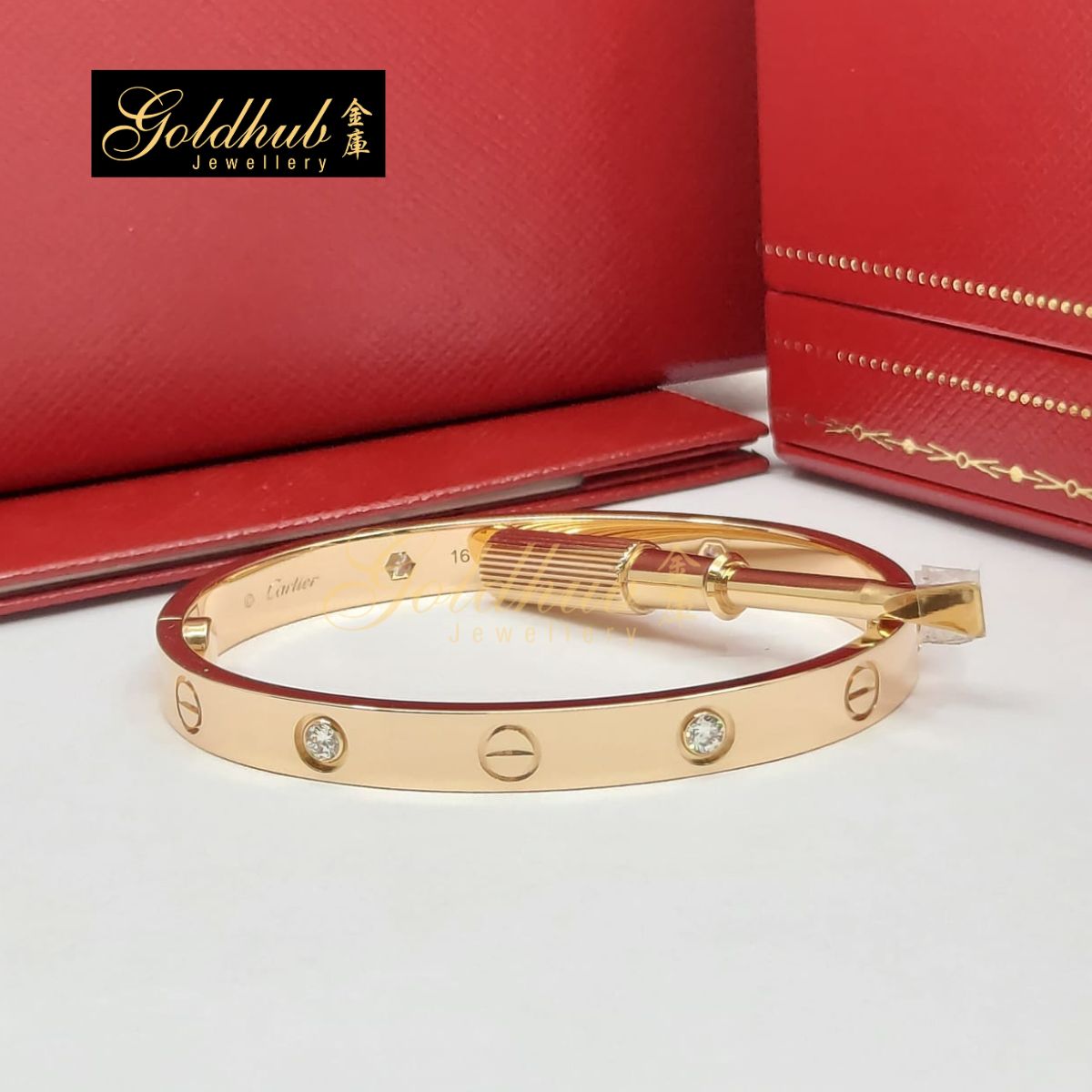 Cartier Love Bracelet, Classic Model, 4 Diamonds in Rose Gold, Size 16