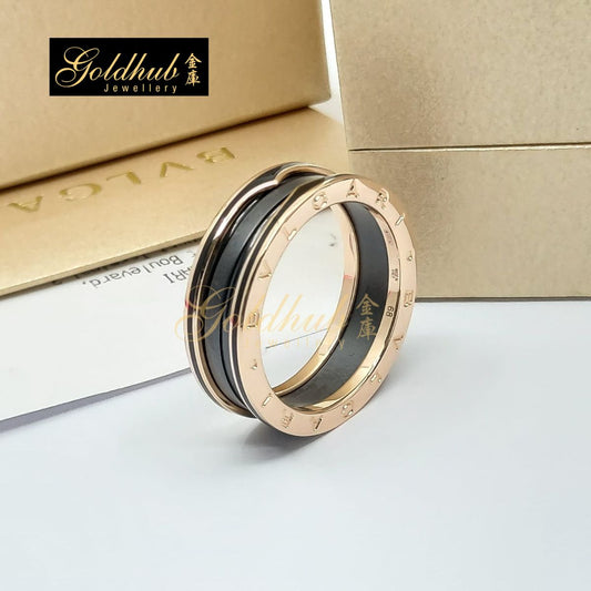 Bvlgari B.zero1 Matte Black Ceramic 2 Band Ring in Rose Gold, Size 68