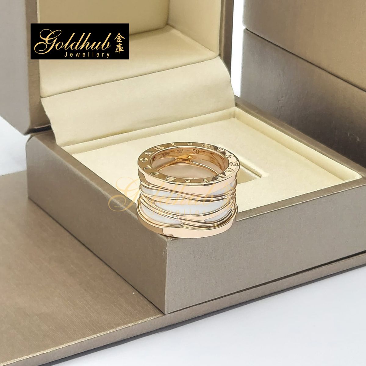 Bvlgari B.zero1 Ring, Legend 4 Band, White Ceramic in Rose Gold, Size 50 GR00748