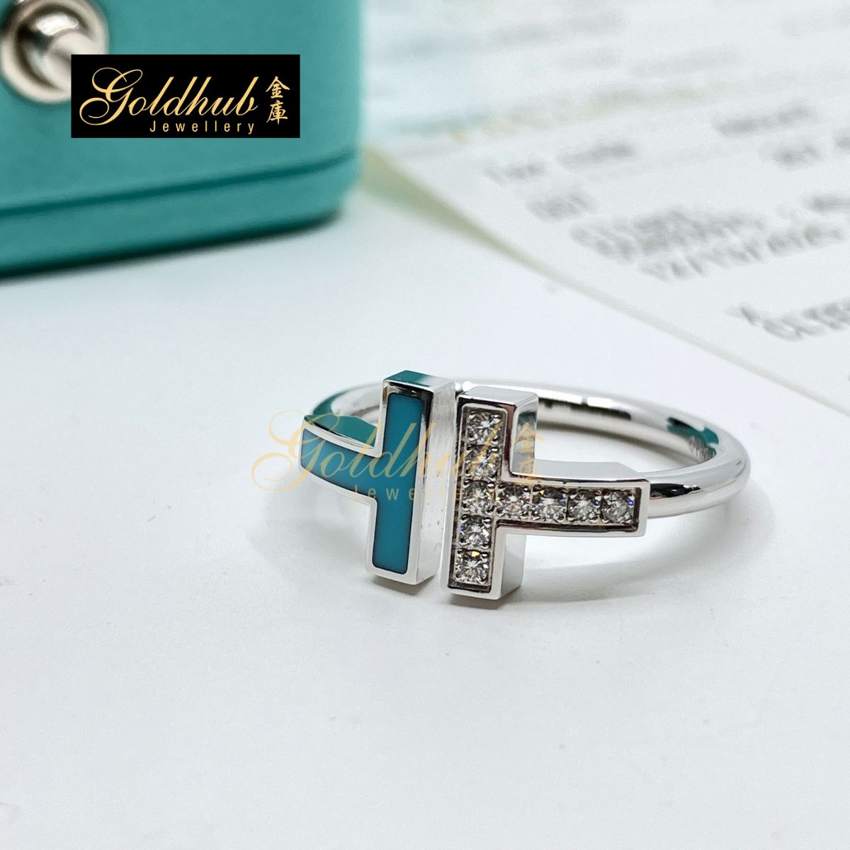 Tiffany T Diamond and Turquoise Wire Ring in White Gold, Size 6