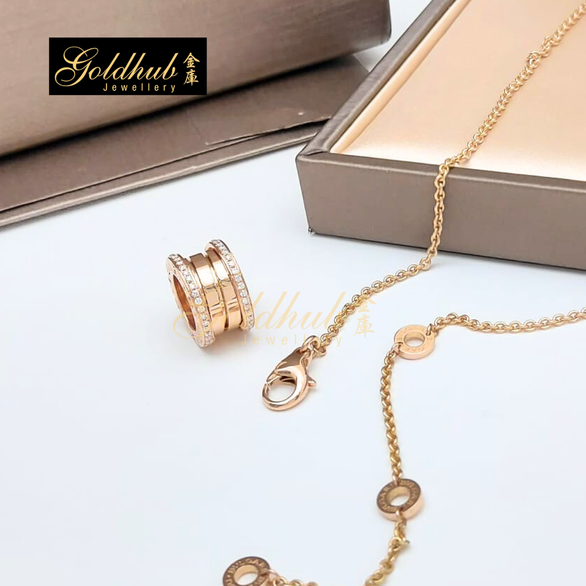 Bvlgari B.zero1 Necklace, Pave Diamonds on the Edges in Rose Gold