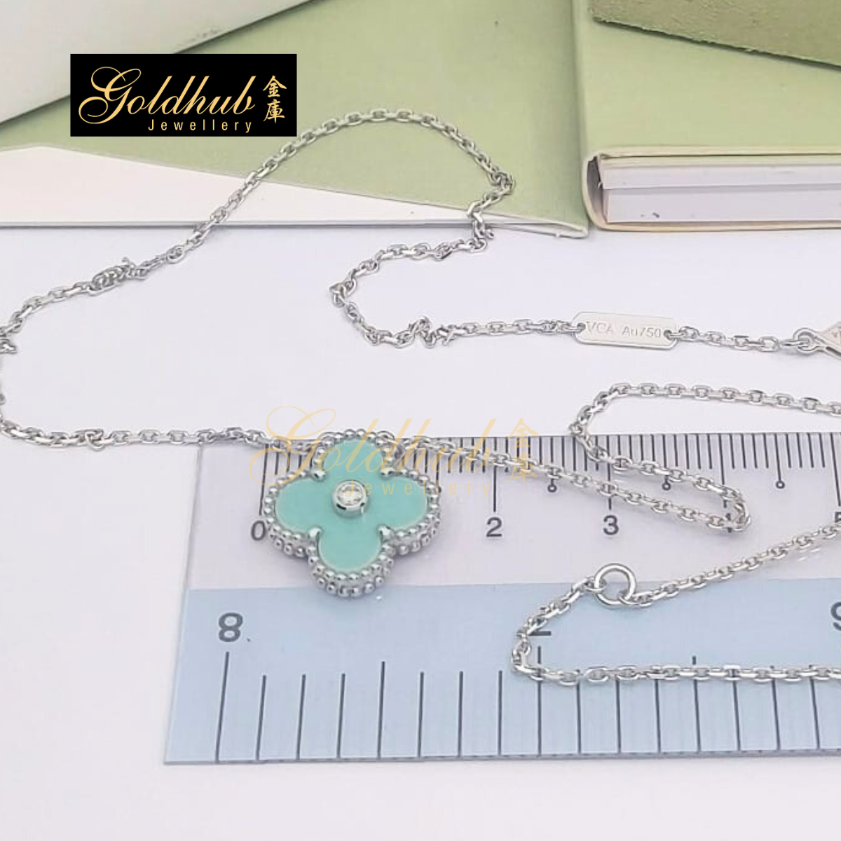 Van Cleef & Arpels Vintage Alhambra Pendant, Holiday 2022, Green Celadon with Diamond in White Gold