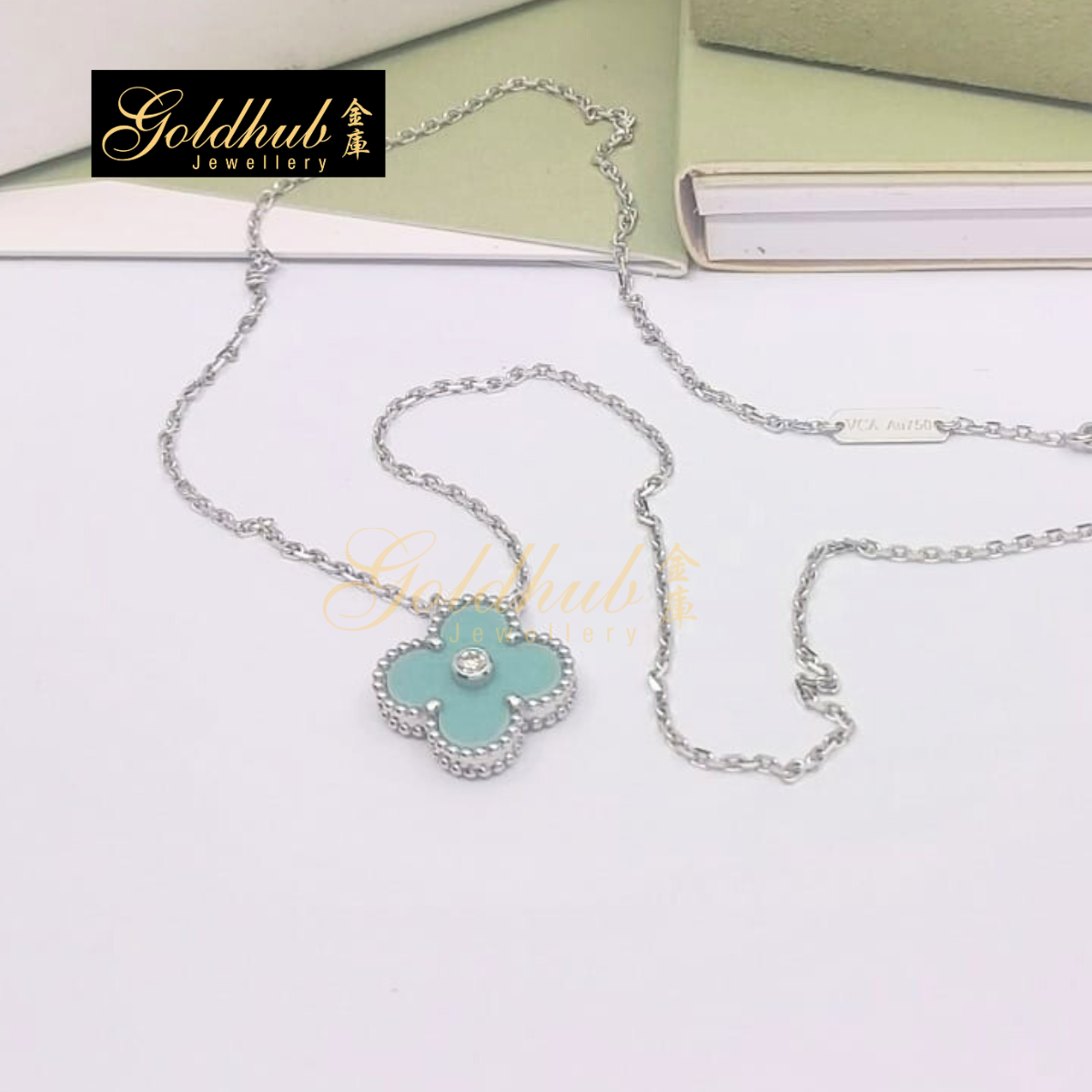 Van Cleef & Arpels Vintage Alhambra Pendant, Holiday 2022, Green Celadon with Diamond in White Gold