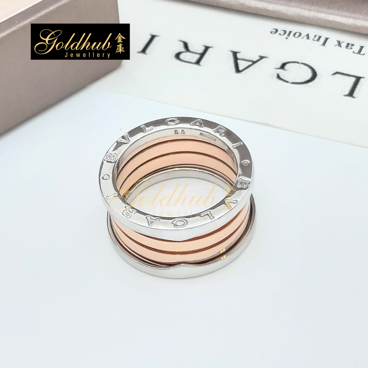 Bulgari B.zero1 4 Band Ring in White and Rose Gold, Size 55