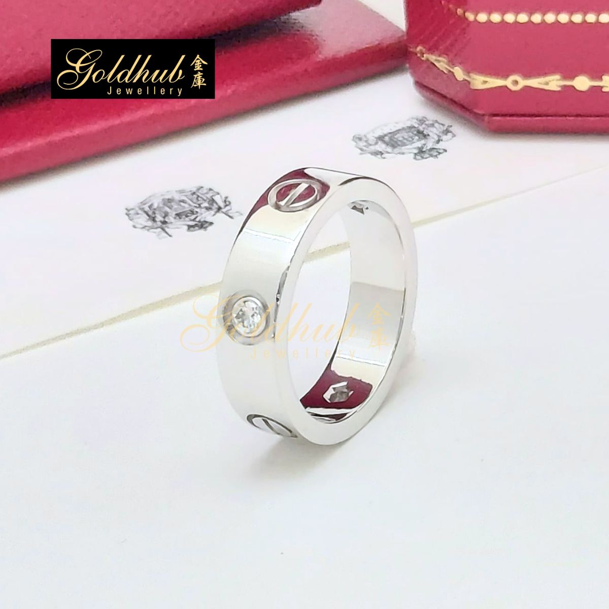Cartier Love Ring, Classic Model, 3 Diamonds in White Gold, Size 54