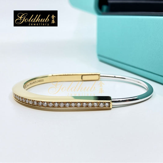 Tiffany Lock Narrow Bangle with Half Pave Diamonds in Yellow and White Gold, Size Extra Small