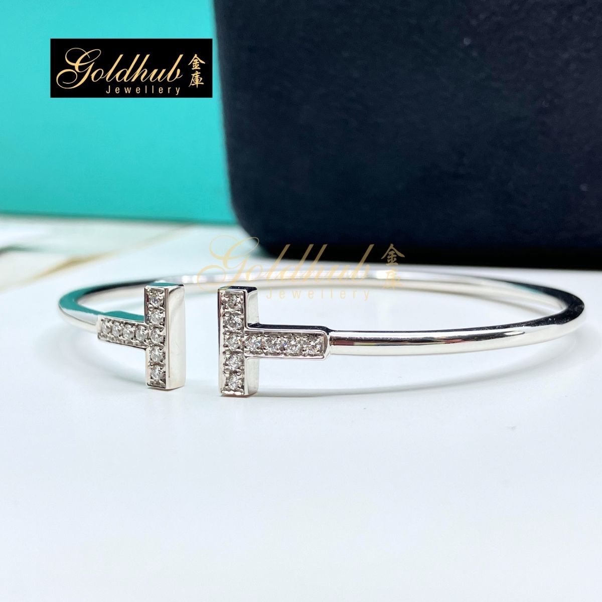 Tiffany T Diamond Wire Bracelet in White Gold, Size Medium