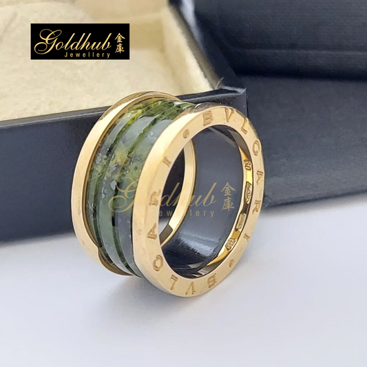 Bvlgari B.zero1 Green Marble 4 Band Ring in 750 Rose Gold, Size 60