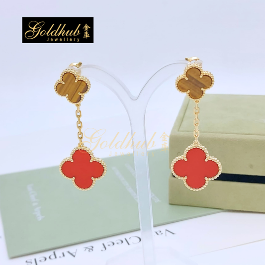 Van Cleef & Arpels Magic Alhambra earrings, 2 motifs, Carnelian, Tiger Eye in Yellow Gold