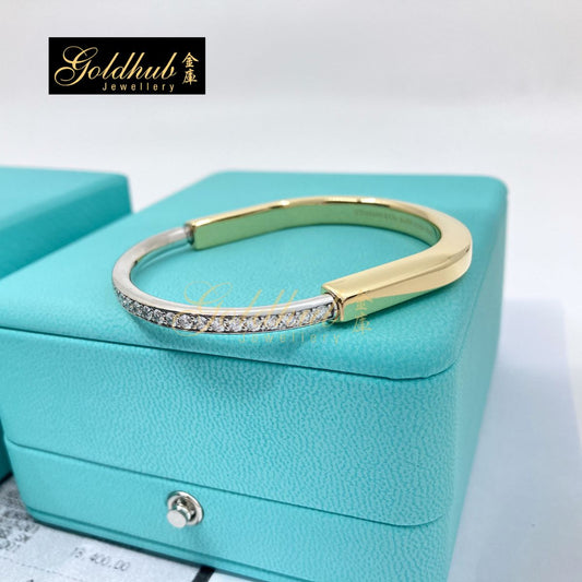 Tiffany Lock Bangle with Half Pave Diamonds in Yellow and White Gold, Size Small