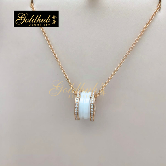 Bvlgari B.zero1 Classic White Ceramic Necklace, Pave Diamonds on Edges in Rose Gold