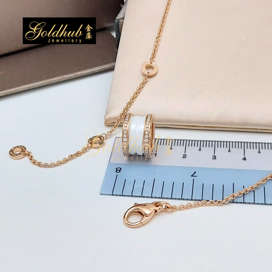 Bvlgari B.zero1 Classic White Ceramic Necklace, Pave Diamonds on Edges in Rose Gold