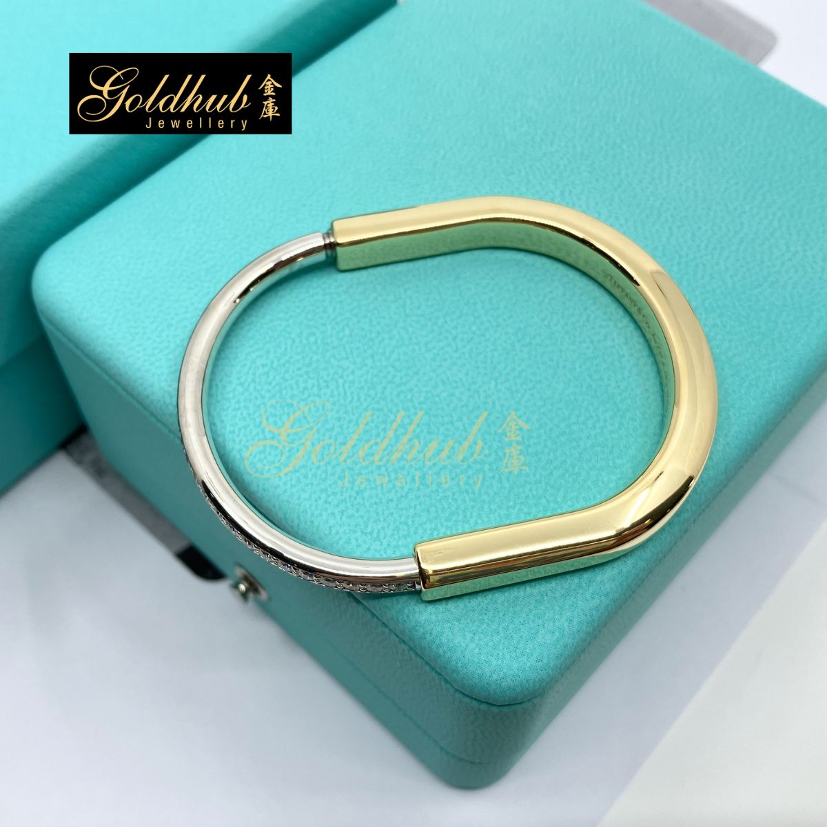 Tiffany Lock Bangle with Half Pave Diamonds in Yellow and White Gold, Size Small