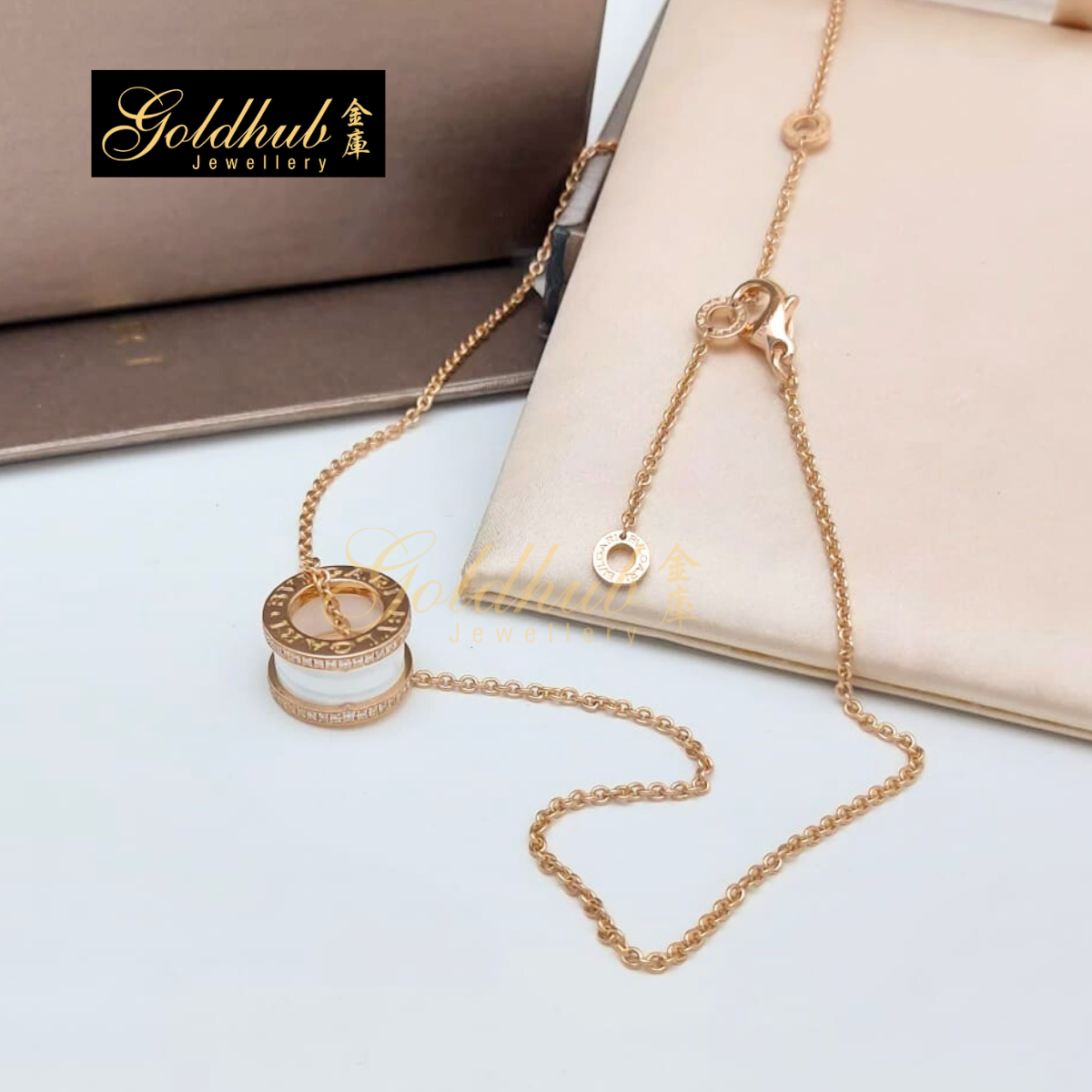 Bvlgari B.zero1 Classic White Ceramic Necklace, Pave Diamonds on Edges in Rose Gold