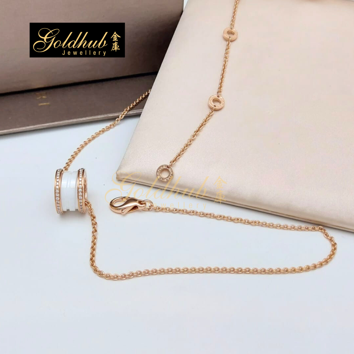 Bvlgari B.zero1 Classic White Ceramic Necklace, Pave Diamonds on Edges in Rose Gold