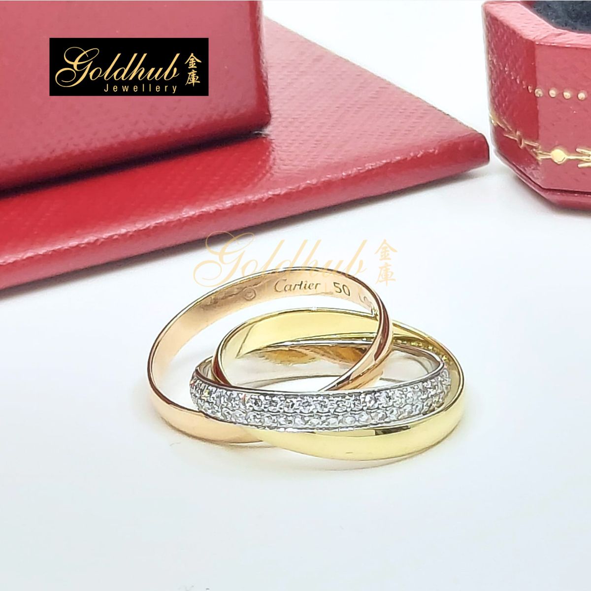 Cartier Trinity, Small Model, Half-Paved Diamond Ring, Size 50