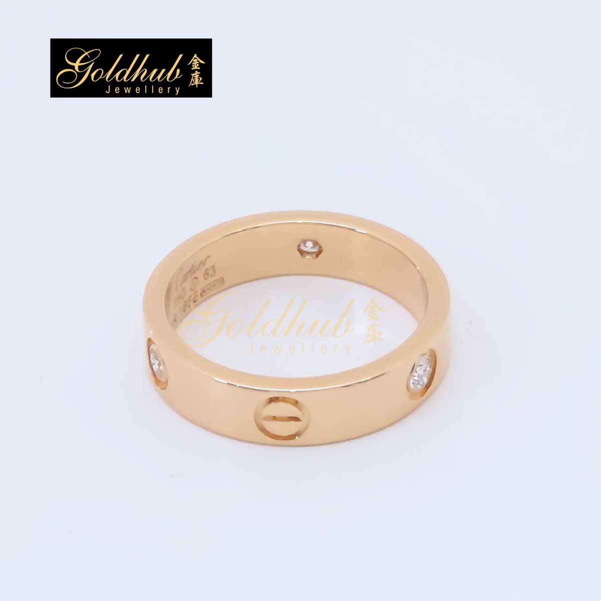 Cartier Love Ring, Classic Model, 3 Diamonds in Rose Gold, Size 63