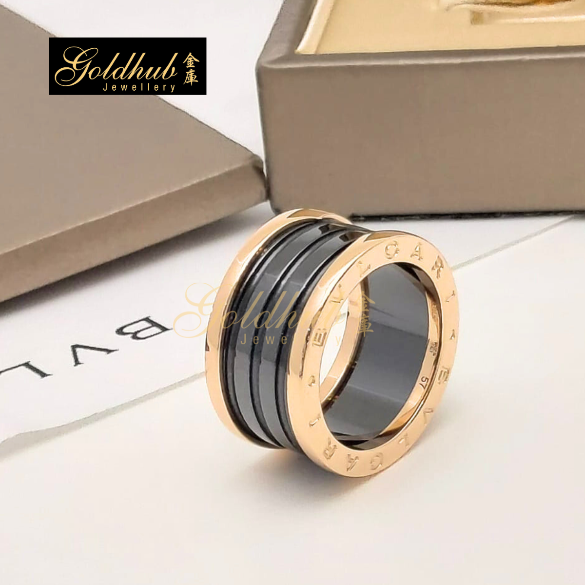 Bvlgari B.zero1 4 Band Ring, Black Ceramic in Rose Gold, Size 57