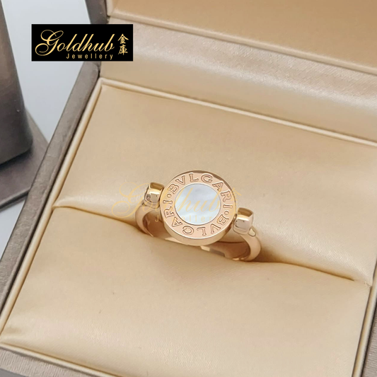 Bulgari Bulgari Classic Flip Ring with Mother-of-Pearl and Pave Diamonds in Rose Gold, Size 52