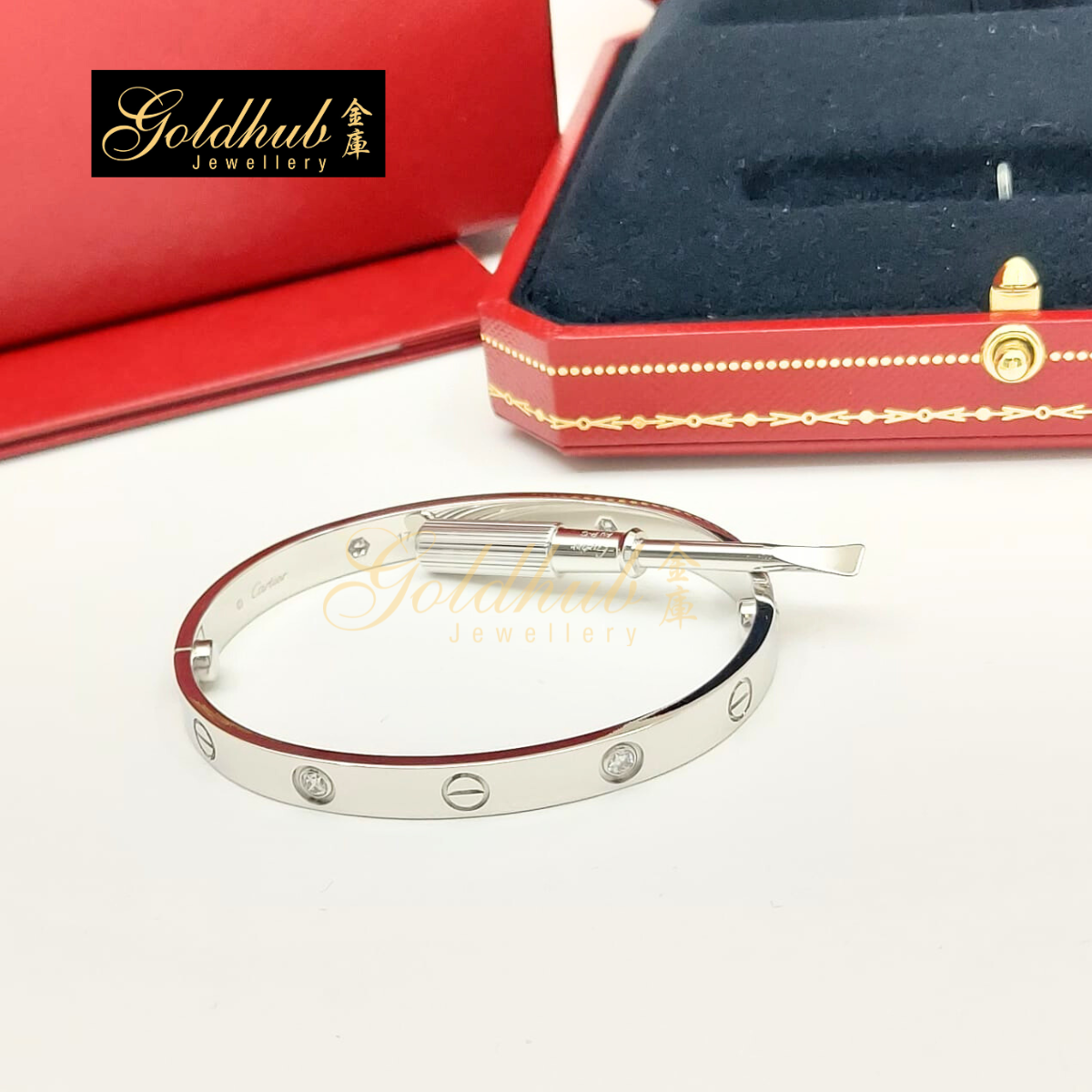 Cartier Love Bracelet, Classic Model, 4 Diamonds in White Gold, Size 17