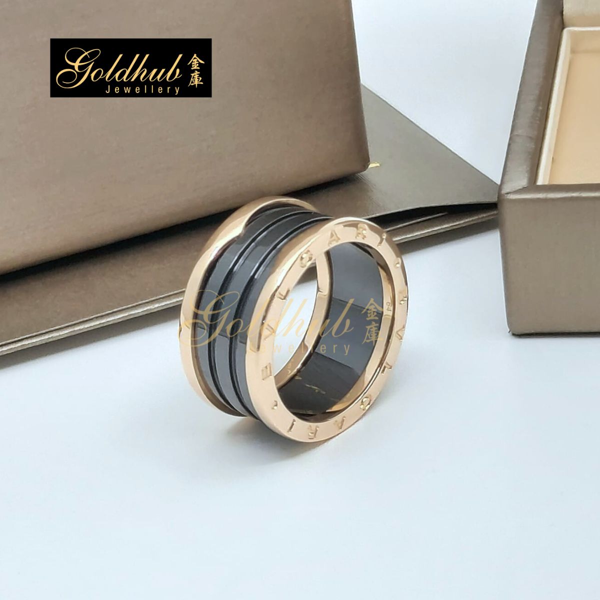 Bvlgari B.zero1 4 Band Ring, Black Ceramic in Rose Gold, Size 64