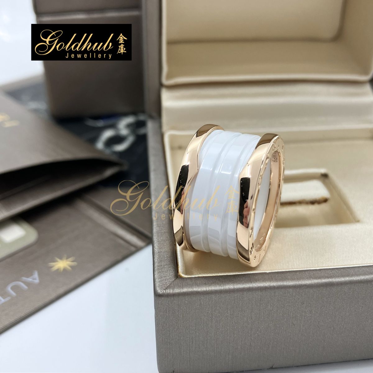 Bulgari B.zero1 4 Band Ring with White Ceramic in Rose Gold, Size 51