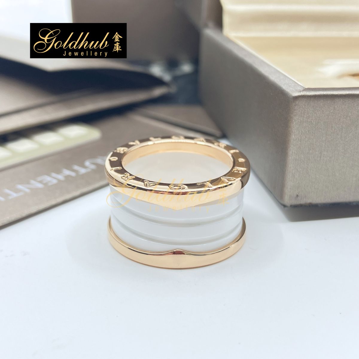 Bulgari B.zero1 4 Band Ring with White Ceramic in Rose Gold, Size 51