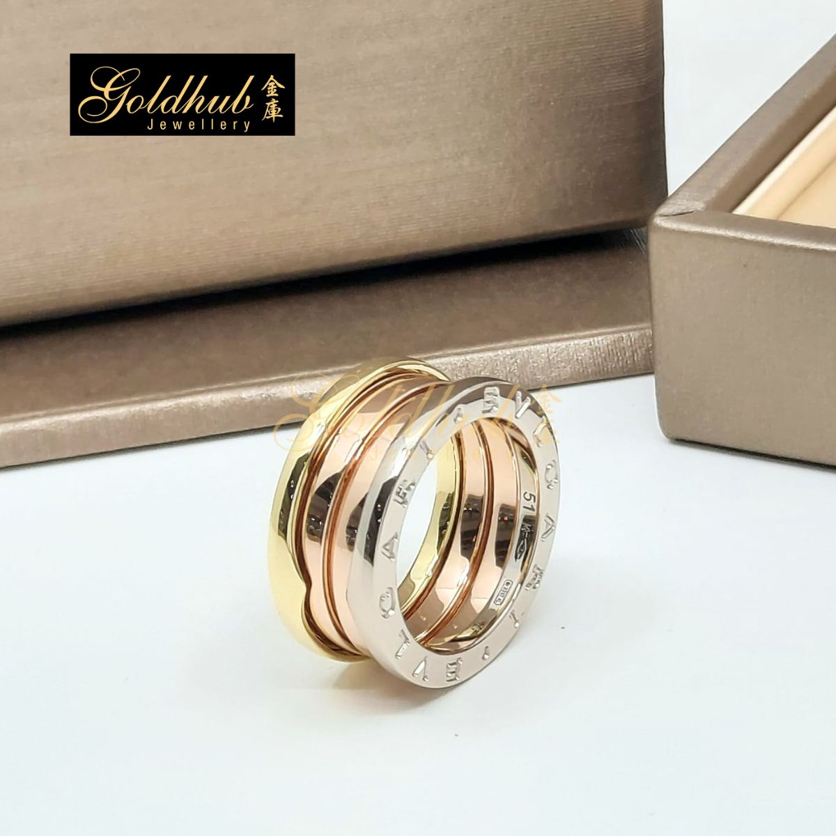 Bulgari B.Zero1 3 Bands Ring in Yellow, Rose and White Gold, Size 51