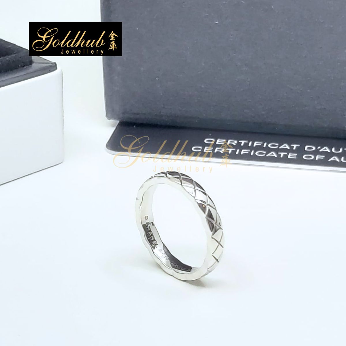 Chanel Coco Crush Ring, Quilted Motif, Mini Version in White Gold, Size 49