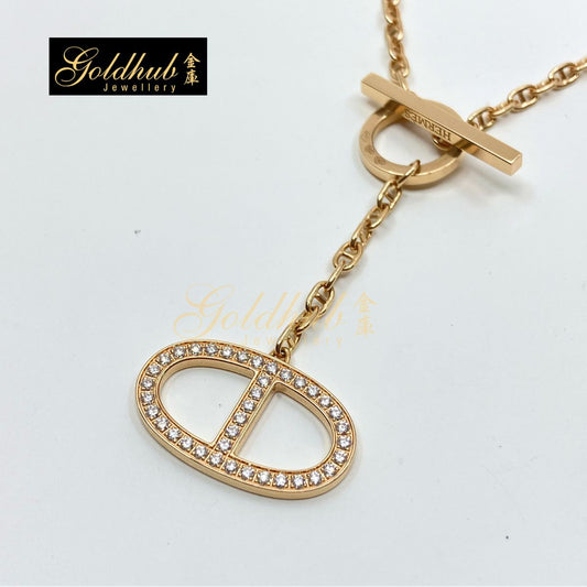 Hermes Chaine d'ancre Contour pendant, large model with diamonds in Rose Gold