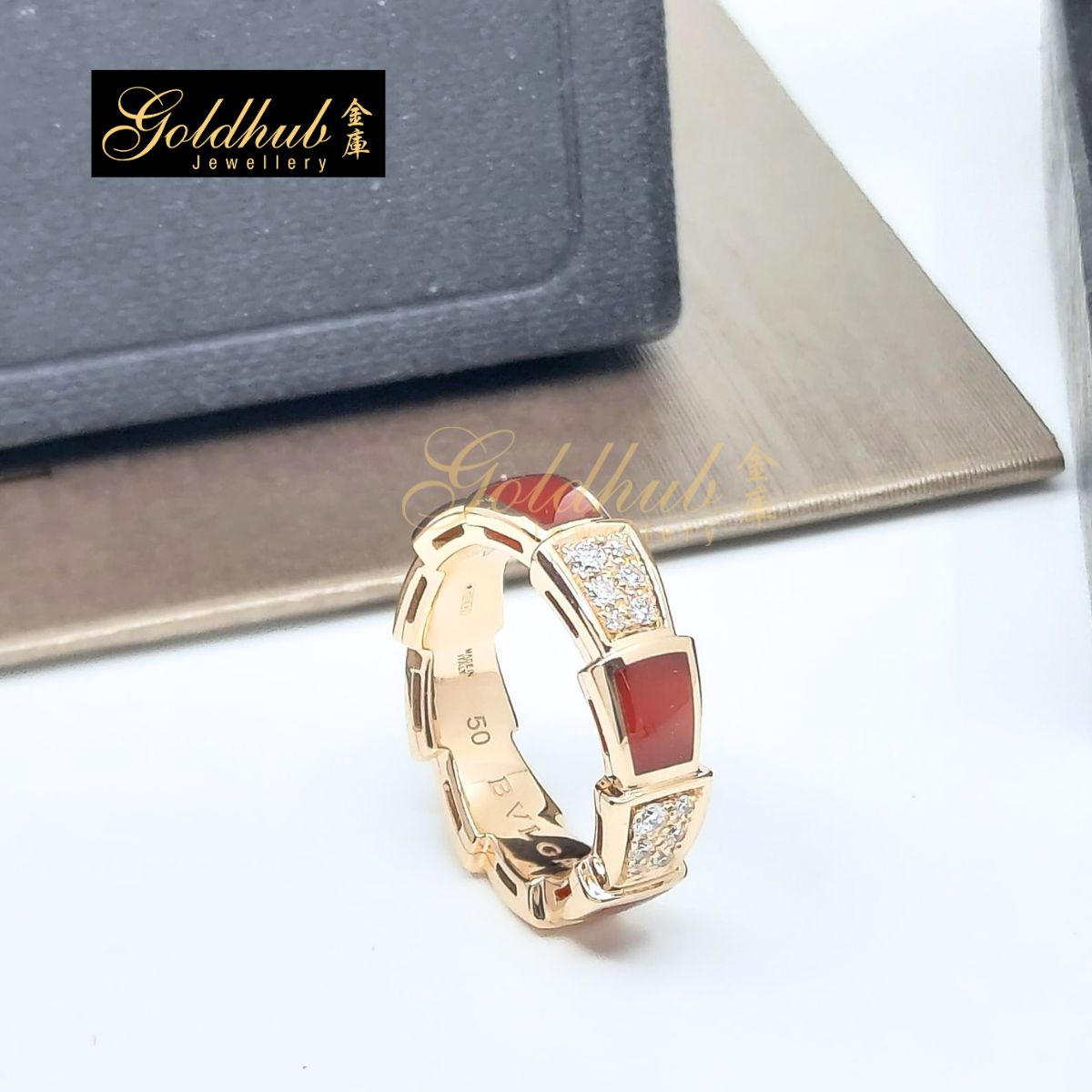 [Reserved] Bulgari Serpenti Viper Ring, Diamonds Carnelian in Rose Gold, Size 50