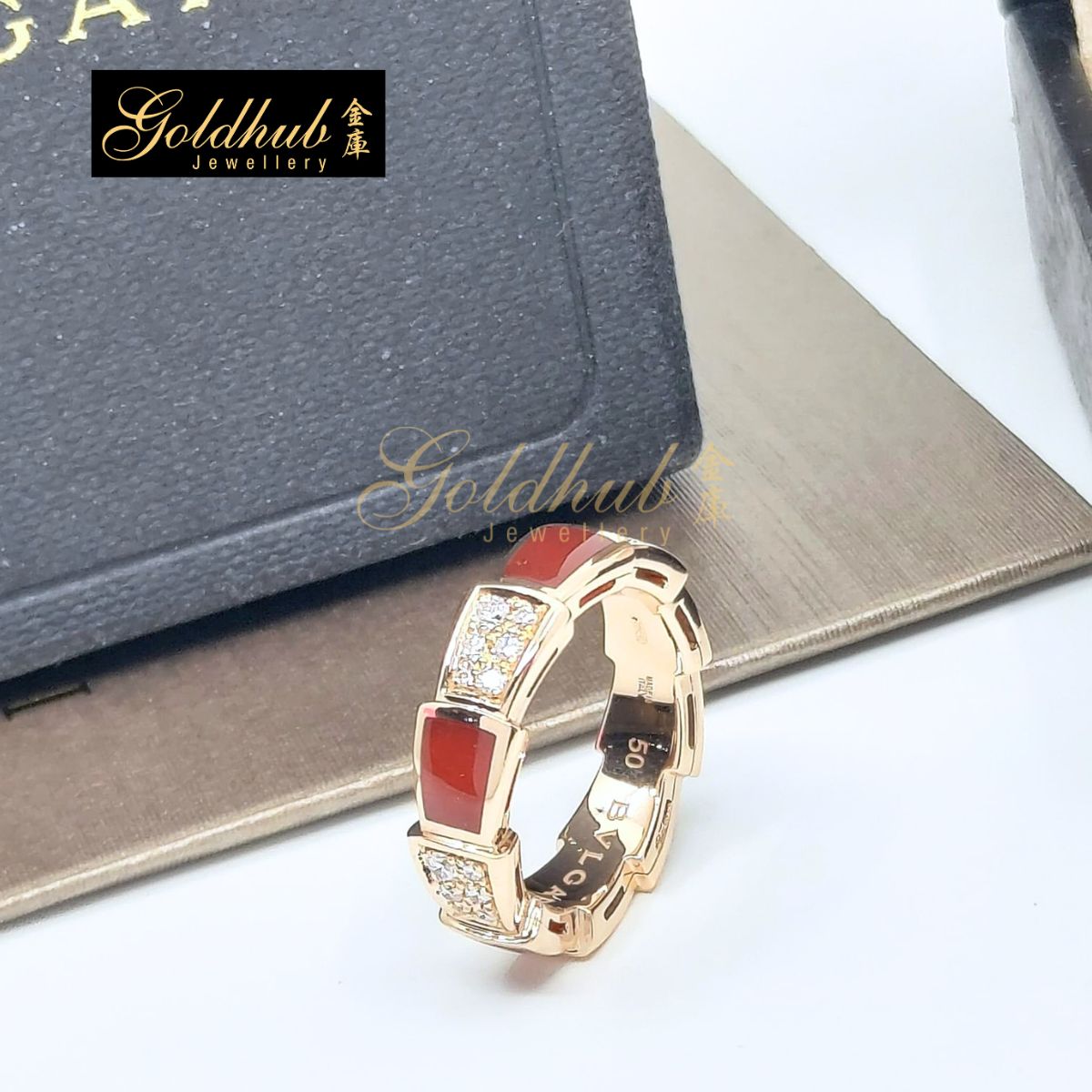 [Reserved] Bulgari Serpenti Viper Ring, Diamonds Carnelian in Rose Gold, Size 50