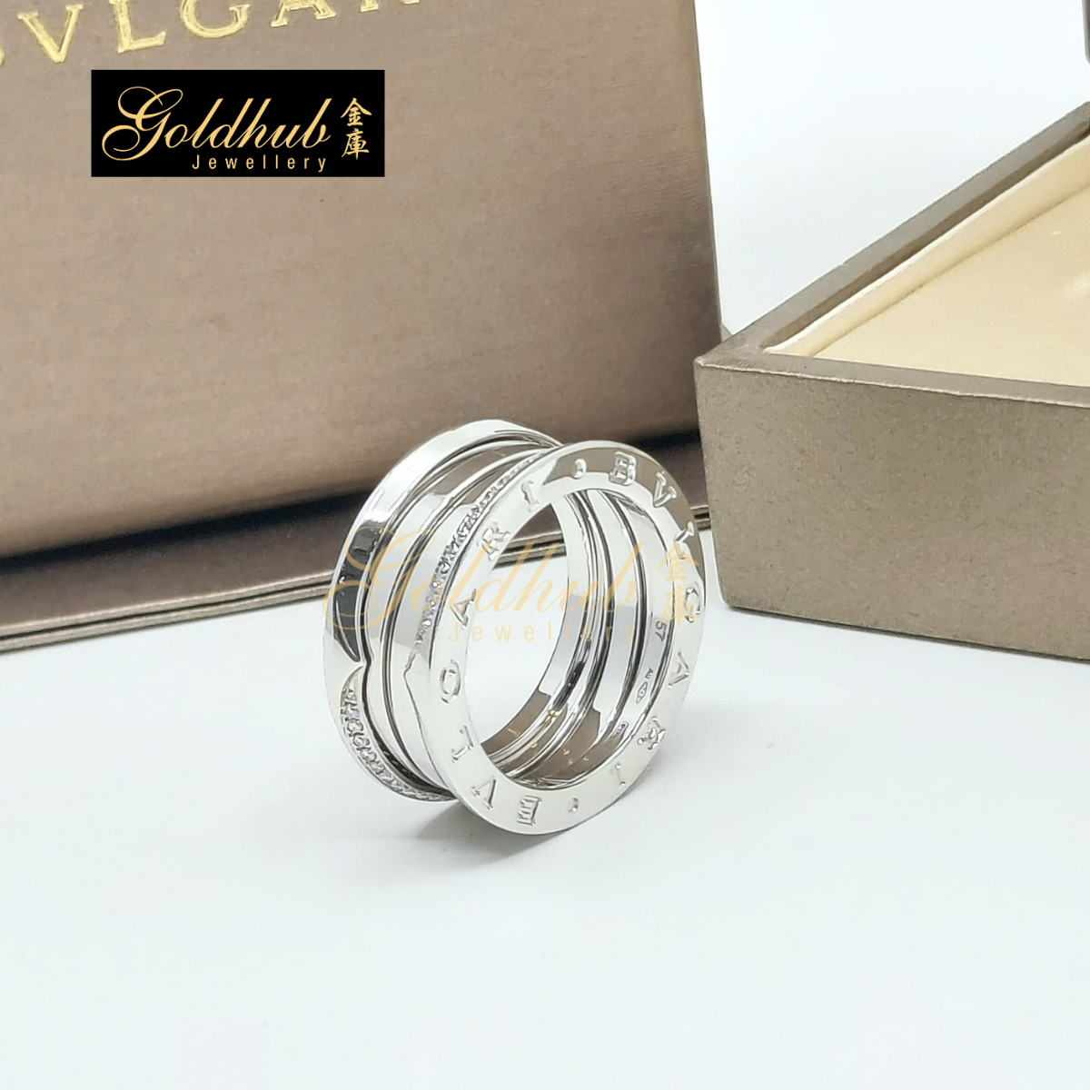 Bulgari B.zero1 3 Bands Ring, Demi-pave Diamond in White Gold, Size 57