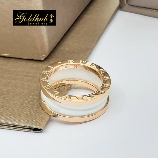 Bvlgari B.zero1 White Ceramic 2 Band Ring in Rose Gold, Size 53