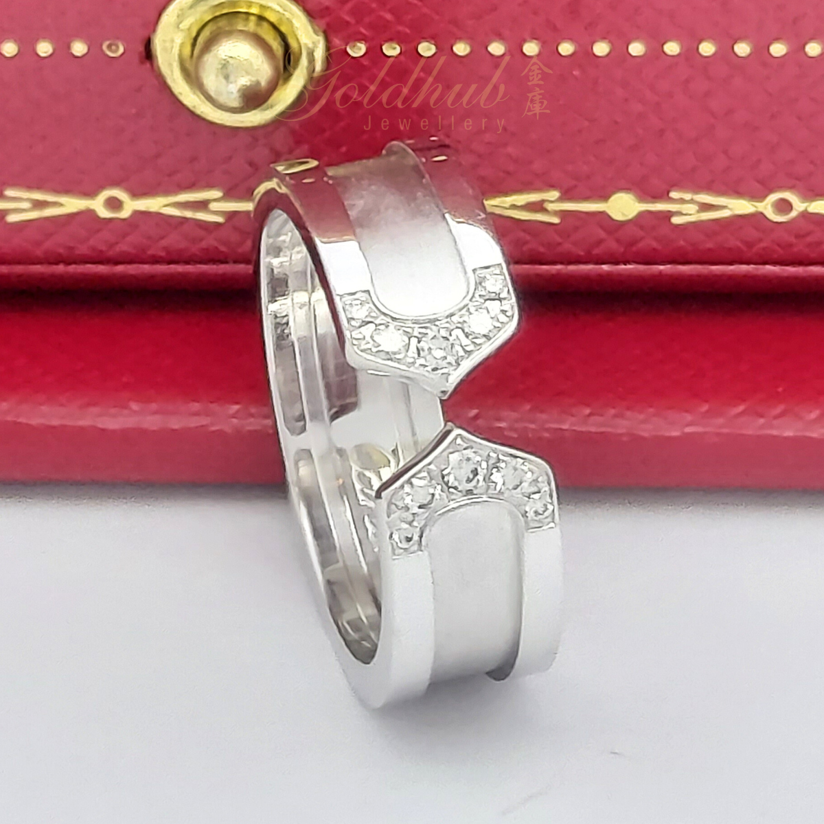 18k Pre-loved Cartier Double C Ring with diamonds in White Gold