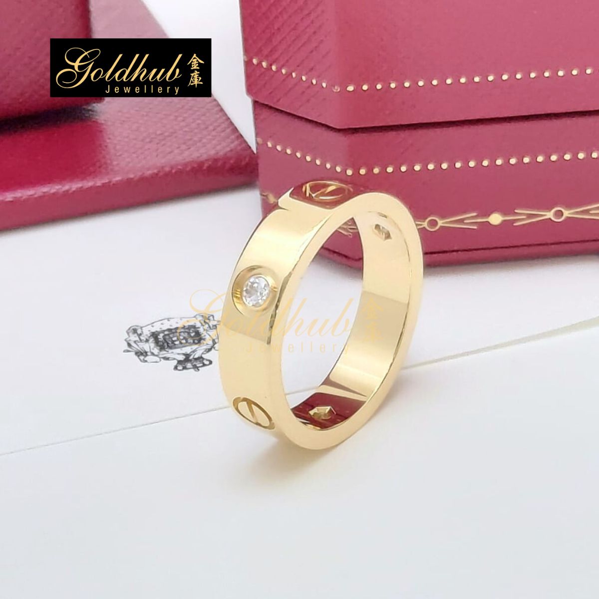 Cartier Love Ring, Classic Model, 3 Diamonds in Yellow Gold, Size 60